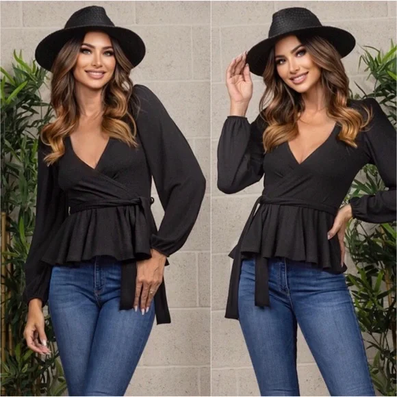 1 LEFT! USA MADE Women’s Soft Surplice Ribbed Black Self Tie Waist Blouse Top - Picture 2 of 4